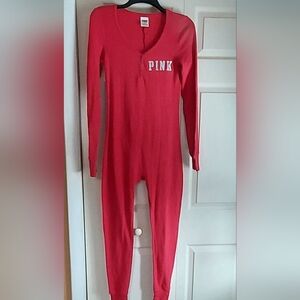 Victorias Secret Pink Thermal Long One Piece Pajamas Small Red Trap Door Ho Ho